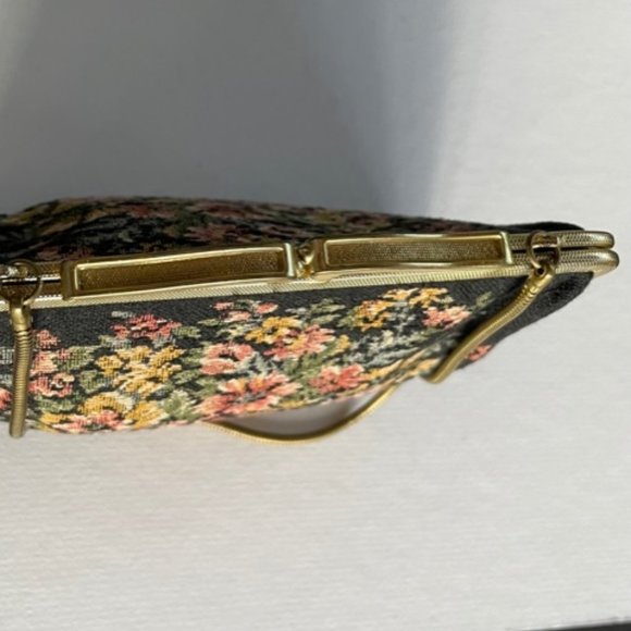 VTG. Early-Mid Century PETIT POINT EVENING BAG/CLUTCH Black/Florals, Gold Metal - Picture 4 of 7